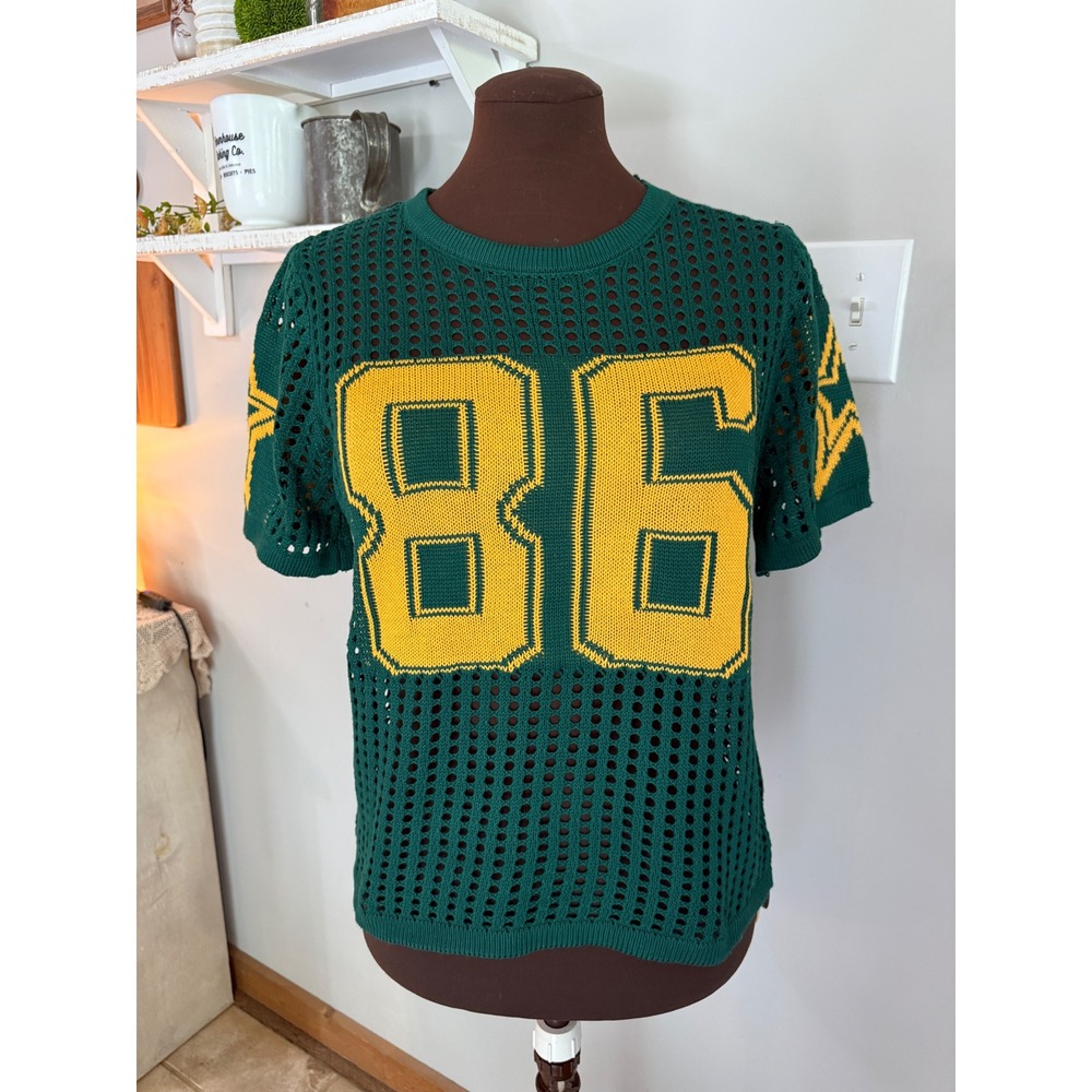 Mesh‎ Knit Jersey shirt women's Size S Green Yellow Star Sporty Retro Y2K 80s